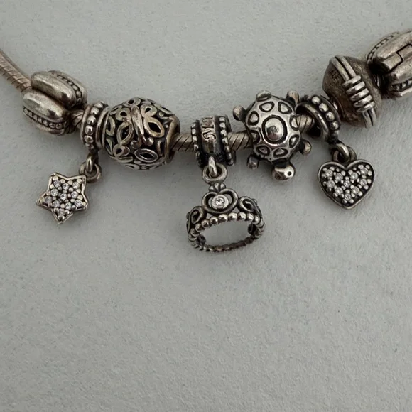 Pandora Silver Snake Charm Bracelet with Heart , Tiara, & Star - Picture 2 of 4